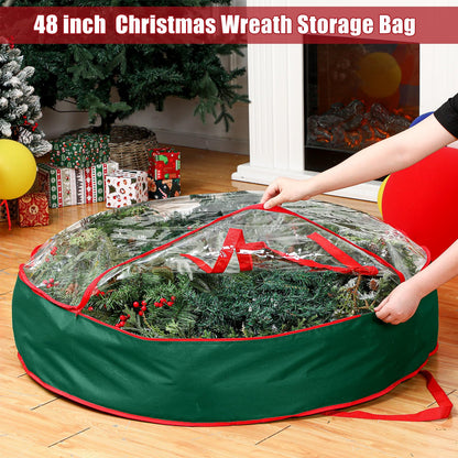 Abbylike 2 Pcs 48'' Christmas Wreath Storage Container Xmas Extra Large Zippered Wreath Storage Bag with Handles and Clear Window Jumbo Garland Wreath Box Holiday 600d Oxford Wreath Bag (Green)