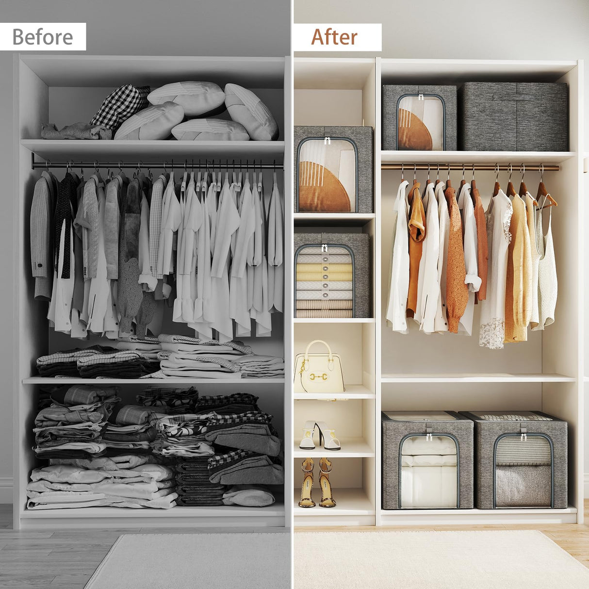 GoMaihe Clothes Storage Bin with Metal Frame: 6-Pack Stackable Closet Storage Bin with Lid & Clear Window, Sweater Boxes Storage for Closet Bedding Clothing Storage Organizer 40L GoMaihe