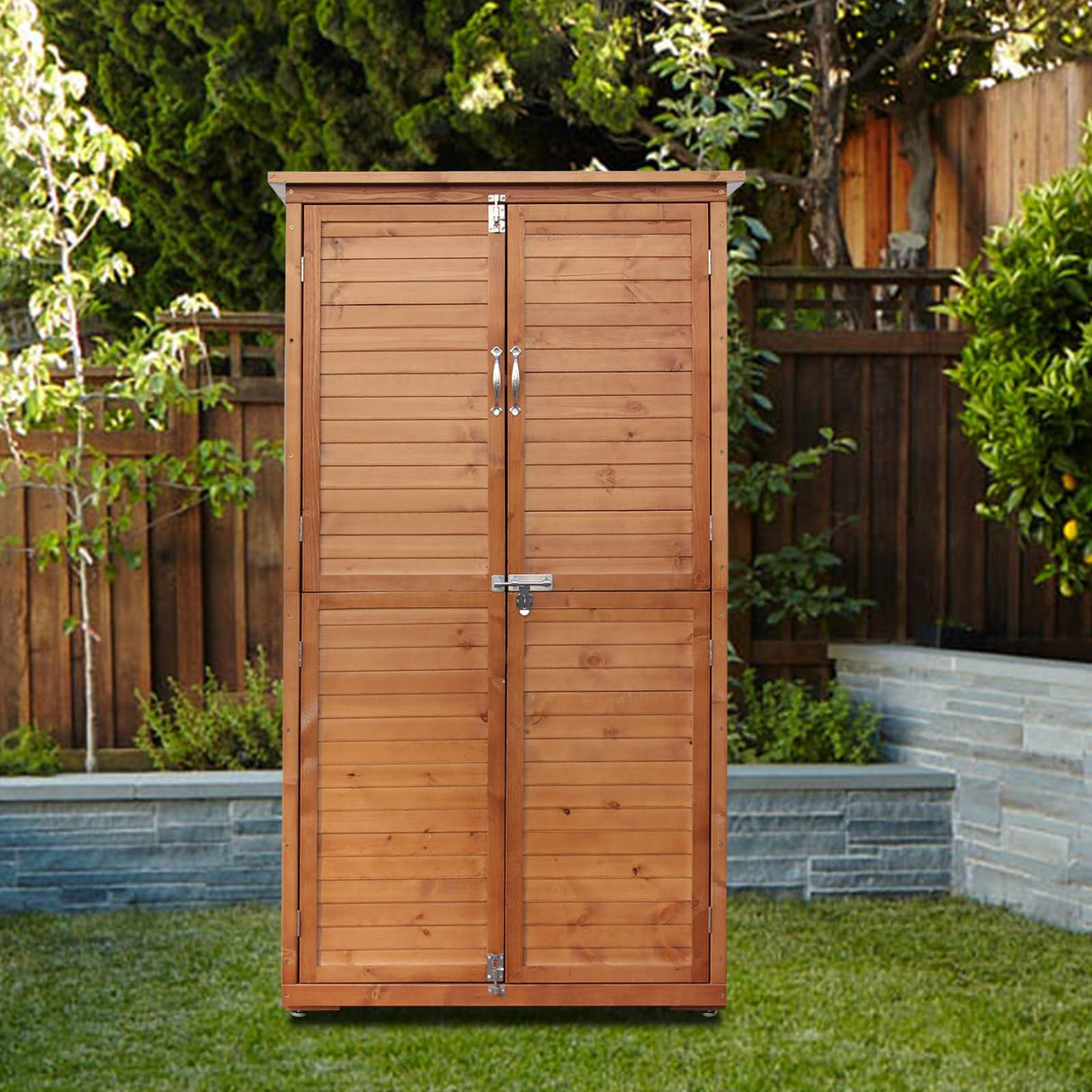 YTGLEN Outdoor Storage Cabinet, Wood Garden Shed, Pool Storage Shed with Lockable Door, Waterproof Roof and 2 Removable Shelves, Vertical Outside Storage Shed for Patio, Backyard and Lawn, Oak Brown YTGLEN