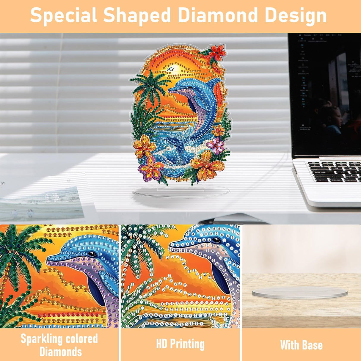 Dolphin Diamond Painting Desktop Ornament, Diamond Art Painting Kit for Adults, Crystal Diamond Gem Art Tabletop Ornaments Double Sided, Stand Up Diamonds Art Crafts Kit for Home Decor, Box Package Genius maker