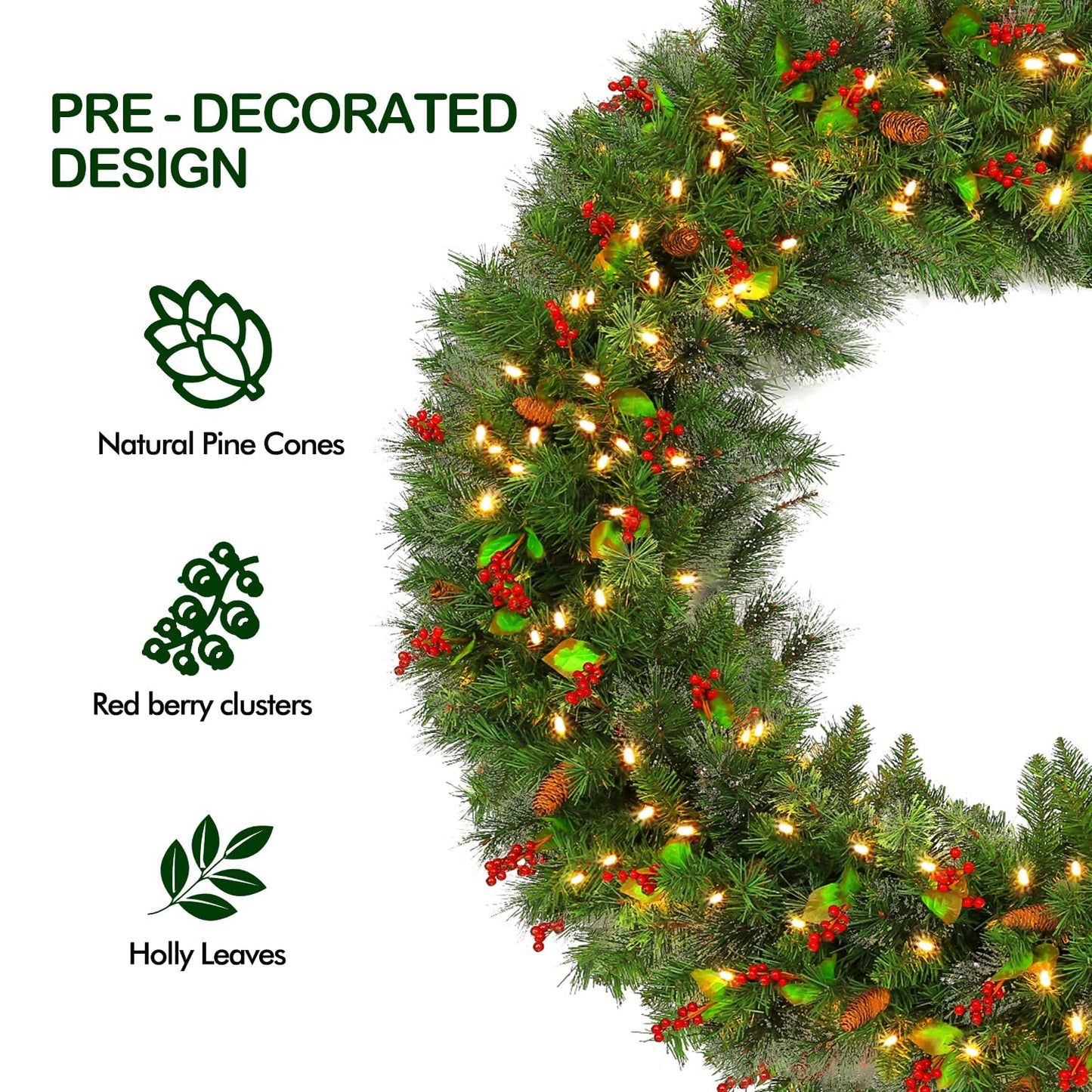 Hykolity 48 in. Large Pre-Lit Christmas Wreath with 200 Warm White LED Lights, 434 Branch Tips, Artificial Wintry Pine Wreath with Timer, Pinecones & Red Berries, Plug in