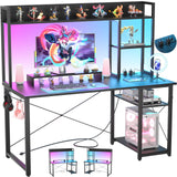 Cyclysio Gaming Desk with Hutch, 47'' Computer Desk with LED Lights & Power Outlets, Home Office Desk with Reversible 5 Tiers Storage Shelves & Monitor Stand, Small Gaming Table for Small Space, Black Cyclysio