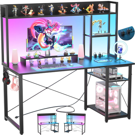 Cyclysio Gaming Desk with Hutch, 47'' Computer Desk with LED Lights & Power Outlets, Home Office Desk with Reversible 5 Tiers Storage Shelves & Monitor Stand, Small Gaming Table for Small Space, Black Cyclysio