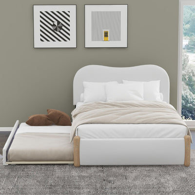 Merax Full Size Upholstered Platform Bed with Wood Supporting Feet and Twin Size Trundle, White