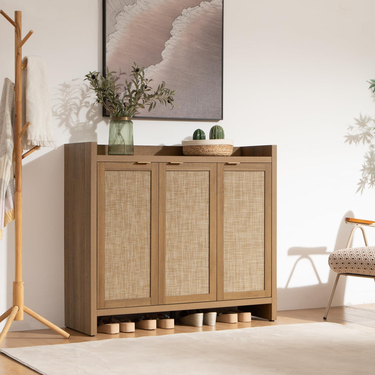 SICOTAS Shoe Storage Cabinet, 30 Pairs Rattan Shoe Cabinet Storage for Entryway, 6-Tier 41" Tall Large Shoe Cabinet, Boho Farmhouse Cabinet with Doors for Entryway Hallway Living Room Closet SICOTAS