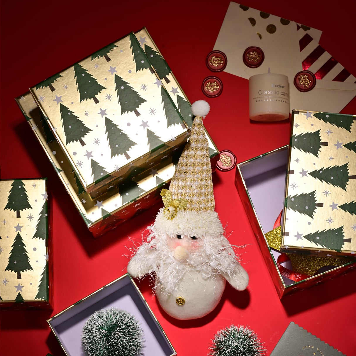 PAPER FAIR 5PCS Christmas Nesting Gift Boxes Set, Gold Foil Green Xmas Tree Flat Square Cardboard Nested Box with Lid, for Gift Wrapping Holiday Present Birthday, Assorted Size PAPER FAIR