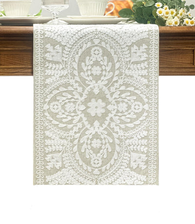 KEVA Boho Table Runner 72inches Long, Farmhouse Linen Table Runner, Rustic Vintage White Embroidered Table Runners 13x72 Inch for Dining Table Decorations
