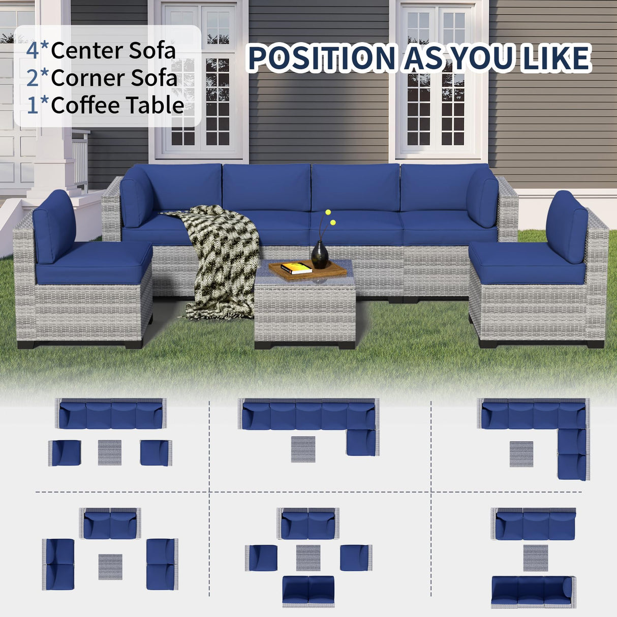 YLGJ&TIDY 7-Piece Outdoor Patio Furniture Set, PE Rattan Sectional Sofa with Waterproof Cushions & Coffee Table, Modern Patio Conversation Set for Patio, Garden, Poolside (7, Greywhite & Navy Blue) YLGJ&TIDY