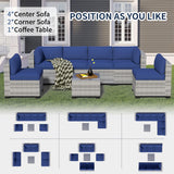 YLGJ&TIDY 7-Piece Outdoor Patio Furniture Set, PE Rattan Sectional Sofa with Waterproof Cushions & Coffee Table, Modern Patio Conversation Set for Patio, Garden, Poolside (7, Greywhite & Navy Blue) YLGJ&TIDY
