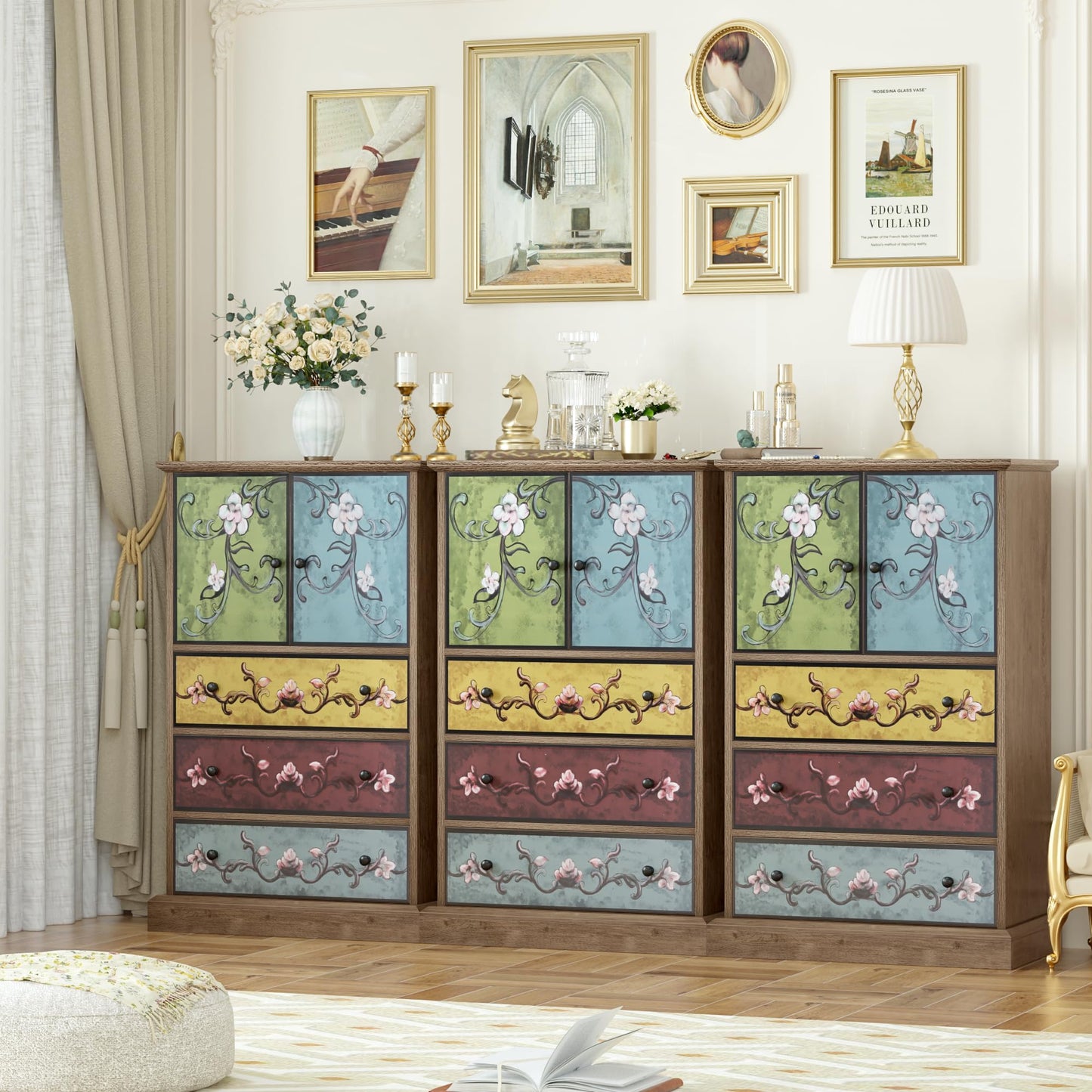 finetones Wood Dresser Chest of Drawers, Tall Dresser Boho Dresser with Drawers and Doors, 16.1D x 23.6W 42.3H Inch Wood Dresser Accent Dresser for Home Office - WoodArtSupply