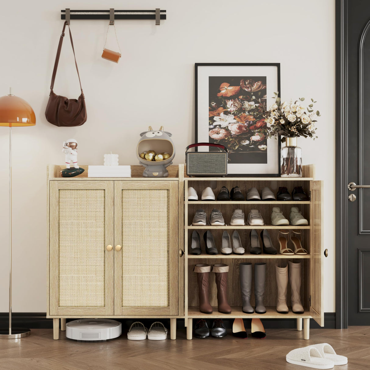 Shoe Cabinet - Rattan Shoe Cabinet for Entryway, Shoe Storage Cabinet with Adjustable Shelves, Natural Shoe Cabinet, Farmhouse Freestanding Wood Shoe Rack Organizer for Closet, Living Room, Hallway IANUE