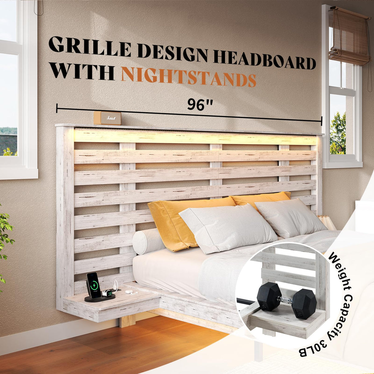 AMERLIFE Distressed White Floating Queen Bed Frame with Integrated Nightstands, LED Lights & Charging Station AMERLIFE