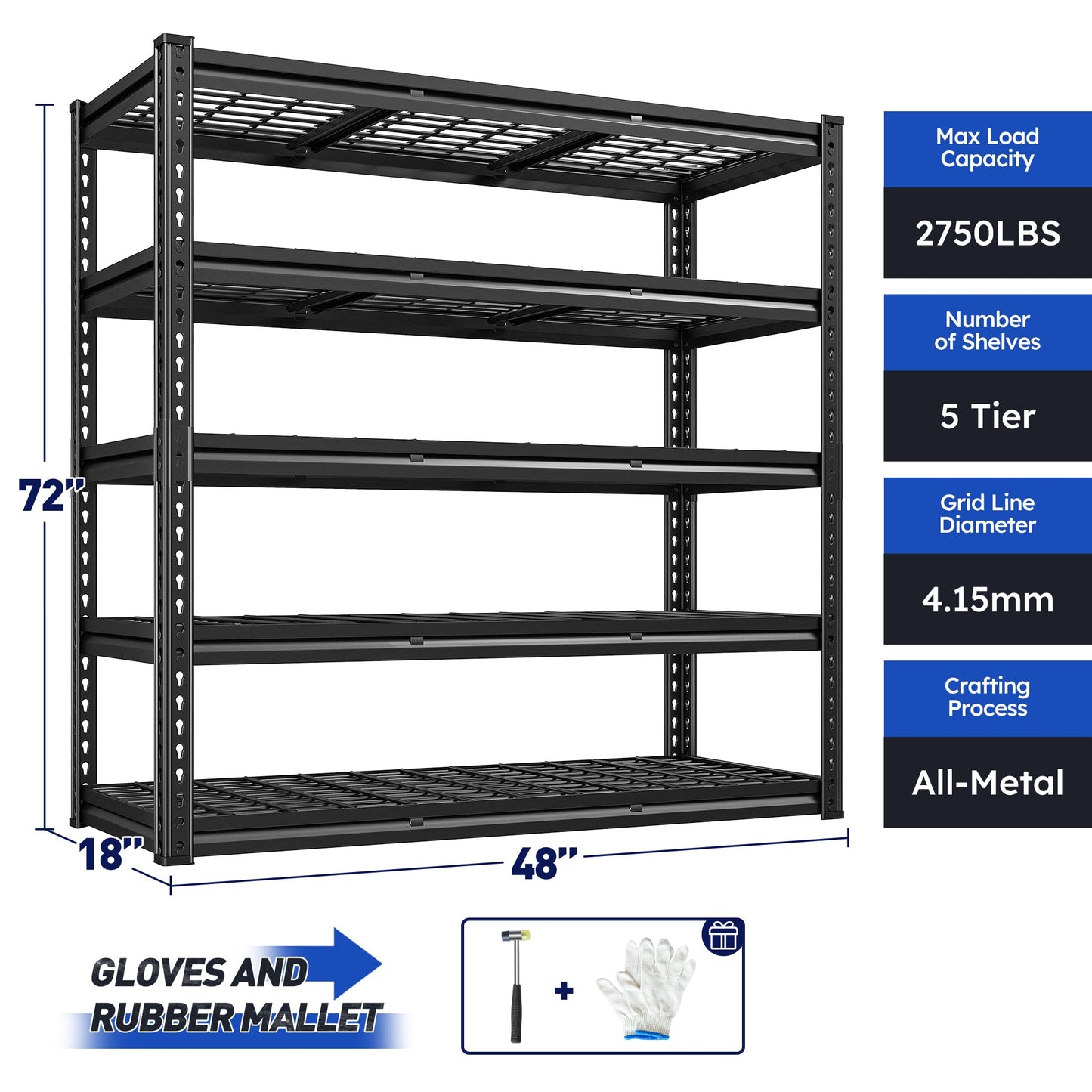 REIBII 48" W Garage Shelving 2750LBS Heavy Duty Garage Storage 5 Tier Adjustable Metal Storage Shelves Industrial Shelving Unit for Basement,Warehouse, Workshop,Black