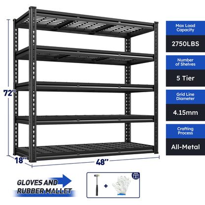 REIBII 48" W Garage Shelving 2750LBS Heavy Duty Garage Storage 5 Tier Adjustable Metal Storage Shelves Industrial Shelving Unit for Basement,Warehouse, Workshop,Black