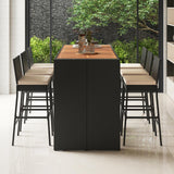 Toolsempire 7-Piece Outdoor Wicker Bar Set, PE Rattan Bar Height Dining Set with Acacia Wood Tabletop & Removable Cushions, Outdoor Wicker Bar Table & 6 Chairs, Patio Bistro Set for Deck & Porch Toolsempire