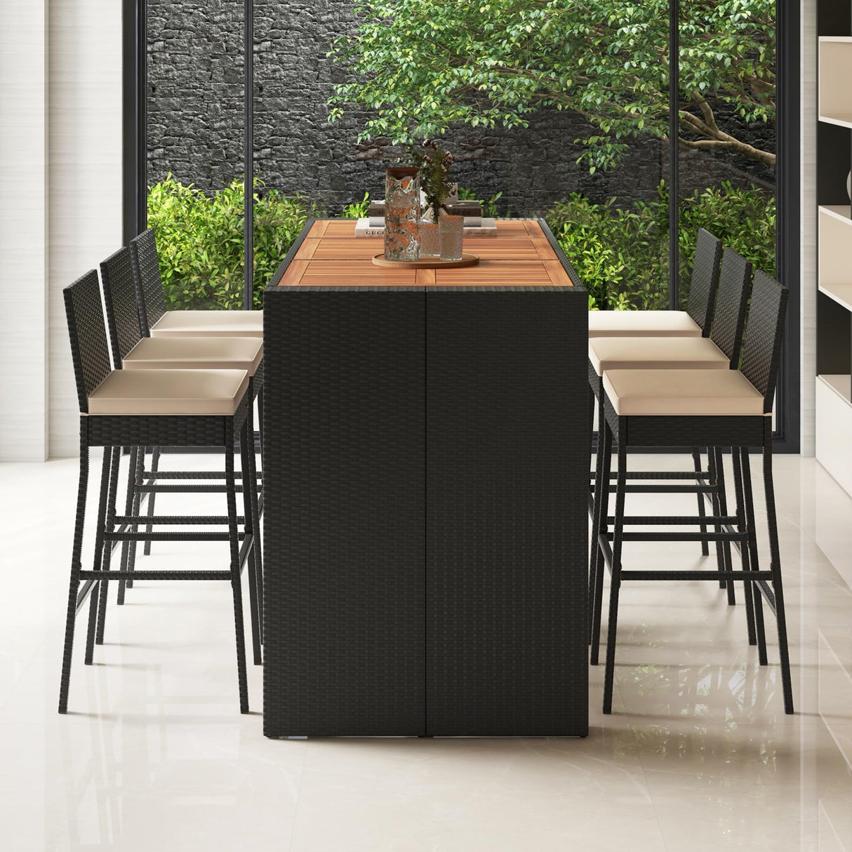 RELAX4LIFE 7-Piece Outdoor Bar Set - Wicker Rattan Bar Height Dining Table w/Acacia Wood Top & 6 Bar Stools Chairs w/Seat Cushions, Backrest, Footrest, Outside Patio Bistro Set for Backyard (73'') RELAX4LIFE