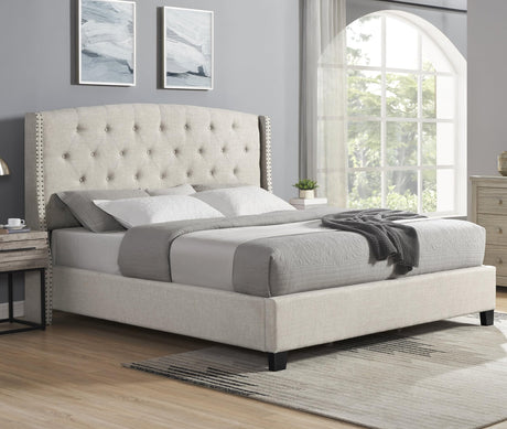Roundhill Furniture Nantarre Fabric Tufted Wingback Upholstered Bed with Nailhead Trim, King, Tan Roundhill Furniture