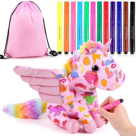 Realspring 11" Coloring Unicorn Plush Toy with 12 Washable Marker for Little Girl DIY Coloring Unicorn Stuffed Animal Toy Soft Doodle Doll Art and Craft Painting for Kid Back to School Birthday Gift Realspring