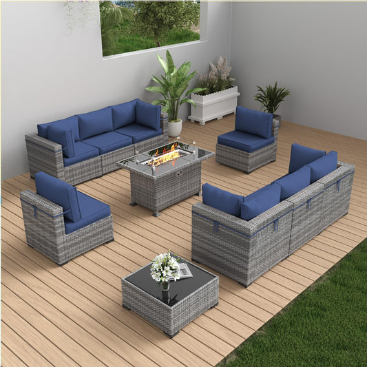 Amopatio Patio Furniture with Fire Pit, Outdoor Furniture Wicker Furniture Couch Set, 10 Pieces Outdoor Sectional Sofa with Patio Furniture Cover, 44" Gas Fire Pit Outdoor Furniture (Navy) - WoodArtSupply