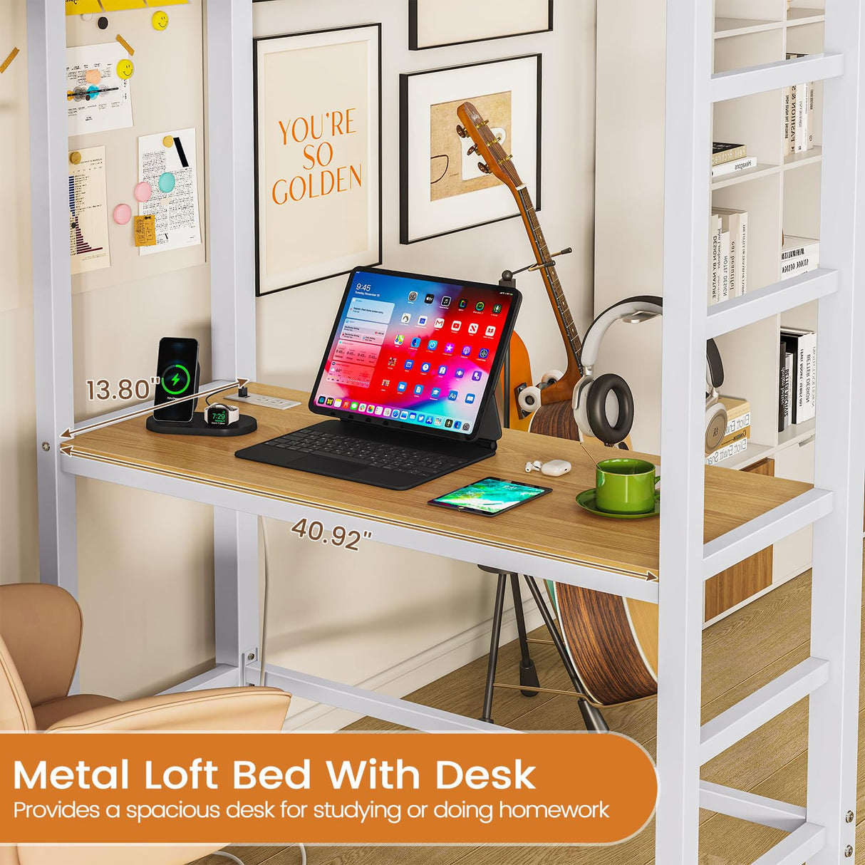 Hasuit Metal Loft Bed Twin Size with Desk and Charging Station White Twin Loft Bed with LED Lights, 4 Storage Shelves and 2 Fabric Drawers, Twin Size Loft Bed with Safety Guard, Clothes Rail & Ladder Hasuit