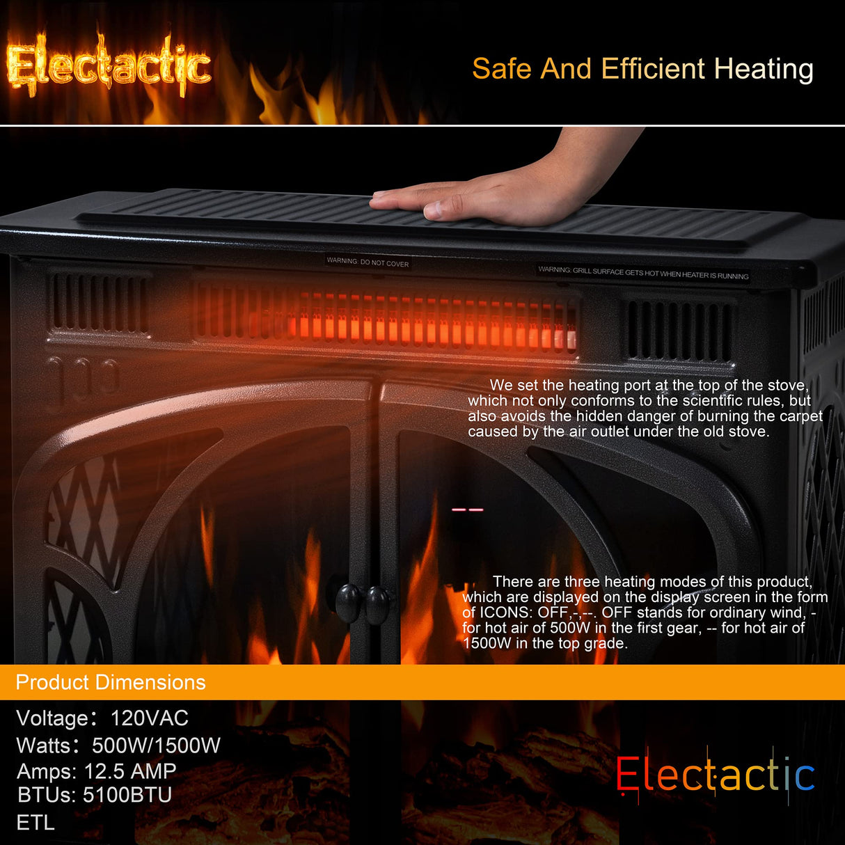 Electactic 24Inch Electric Fireplace Stove, Free-Standing Infrared Fireplace Stove, Controllable 3D Flame, 4 Variable Flame&Log Colors, 1500w, 5100BTU, (S230B-GREY), Grey Metal Electactic