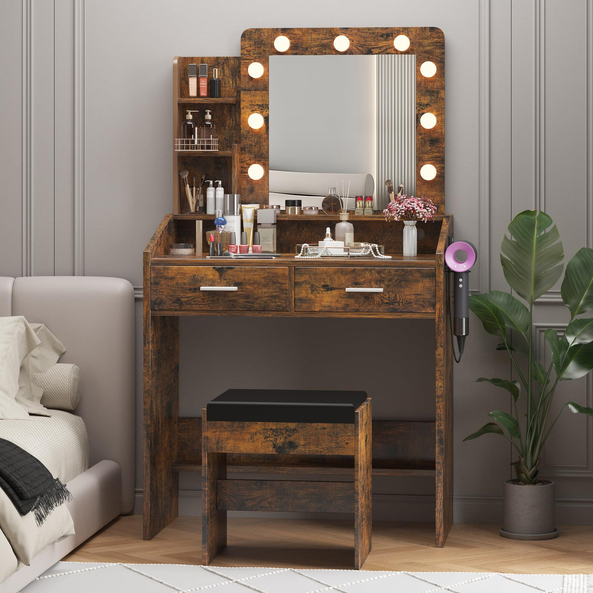 Garveehome Vanity Desk with Mirror and Lights, Makeup Vanity with Power Outlet & Cushioned Stool, 3 Lighting Modes Adjustable Brightness, Dressing Table with Hairdryer Holder for Bedroom, Rustic Brown GarveeHome