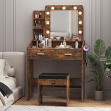 Garveehome Vanity Desk with Mirror and Lights, Makeup Vanity with Power Outlet & Cushioned Stool, 3 Lighting Modes Adjustable Brightness, Dressing Table with Hairdryer Holder for Bedroom, Rustic Brown GarveeHome