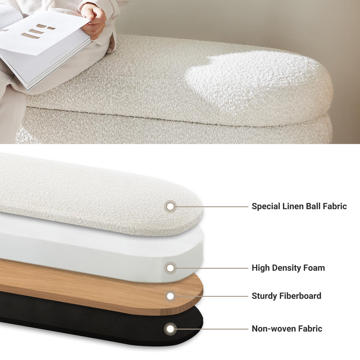 Busaurus Storage Ottoman Bench 49.2 Inch Upholstered Fabric Storage Bench for Bedroom End of Bed Aesthetic Large Oval Storage Ottoman for Living Room Entryway (Ivory) Busaurus