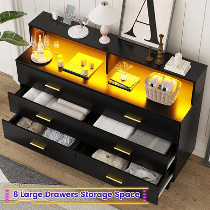 knoworld Black Dresser with LED Lights, 6 Drawer Dresser with Power Outlet for Bedroom, Large Wooden Chest of Drawers, Organizer Cabinet for Bedroom,Living Room,Hallway, Entryway