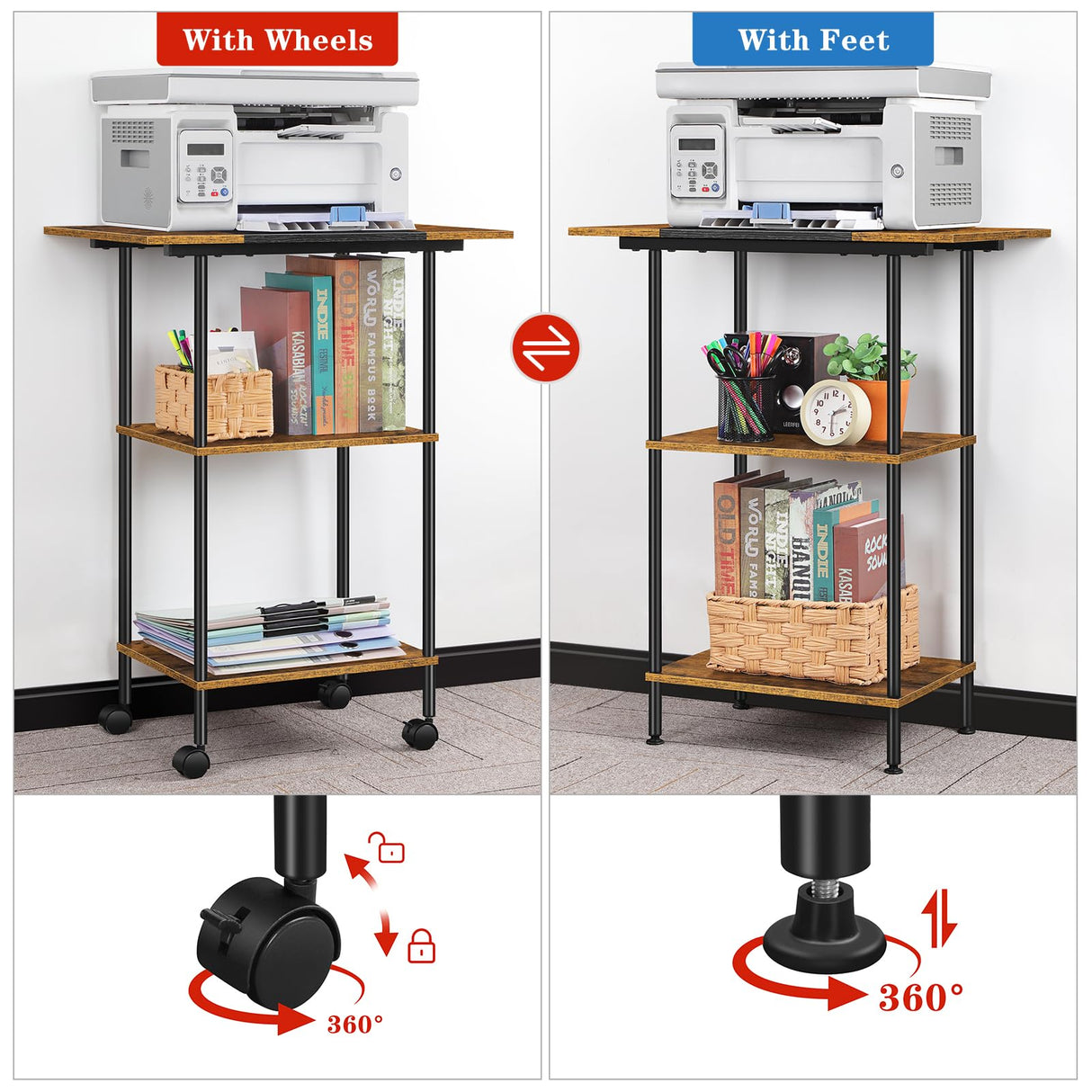 Luplom Large Printer Stand with Storage Rolling Printer Cart with Wheels 3 Tier Printer Table with Storage Shelf for Home Office Filing Scanner Fax Machine Heat Press Microwave Luplom