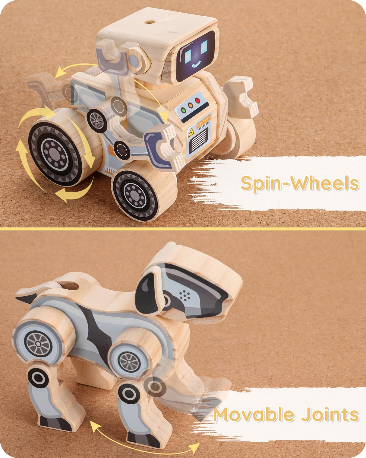 SainSmart Jr. 2-in-1 STEM Kits, Wooden Robot Assembly Toy Set, Woodworking Crafts Projects for Kids, Gift for Boys and Girls SainSmart Jr.