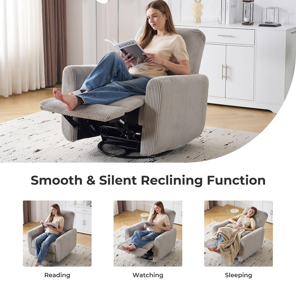 Rhevoy 360° Swivel Glider Recliner Chair, Oversized Rocker Recliner with Heating and Massage, Glider Chair for Nursery with Pillow,24" Extra Wide Rocking Chair for Living Room, Grey Rhevoy