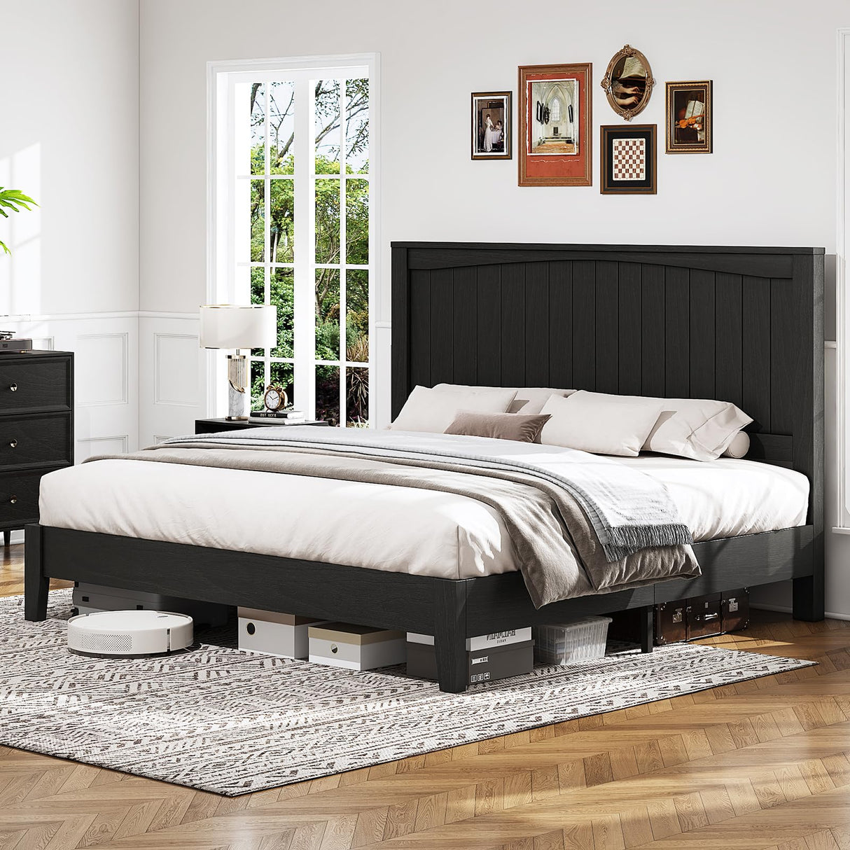 LUXOAK Queen Size Solid Wood Bed Frame with 48.4 inch Tall Headboard, Mid-Century Modern Platform Bed with Wooden Slats and Metal Frame. No Box Spring Needed, Easy Assembly, Black LUXOAK