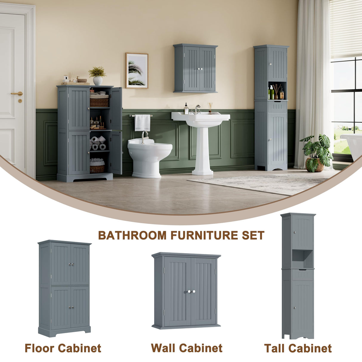ChooChoo Bathroom Floor Cabinet, Modern Bathroom Storage Cabinet with 4 Doors and Adjustable Shelves, Freestanding Cupboard for Living Room, Grey ChooChoo