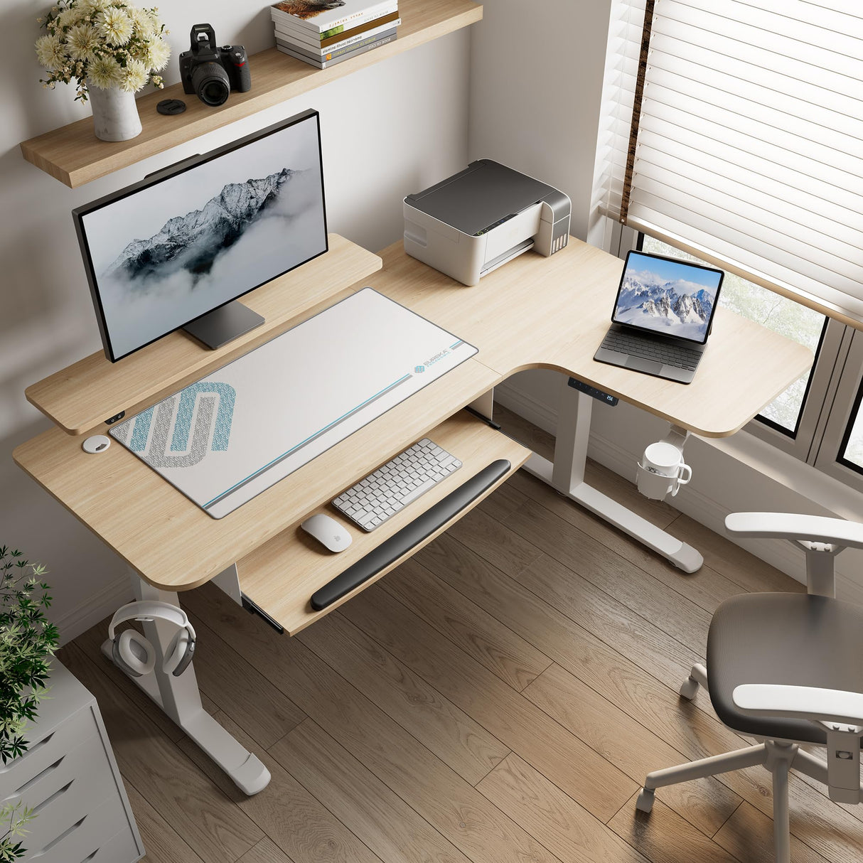 EUREKA ERGONOMIC Standing Desk Adjustable Height 61" Electric Sit Stand Computer Desk L Shaped with Keyboard Tray,Monitor Stand &LED, Dual Motor Memory Presets Sit to Desk Adjustable Desk, Right/Maple EUREKA ERGONOMIC
