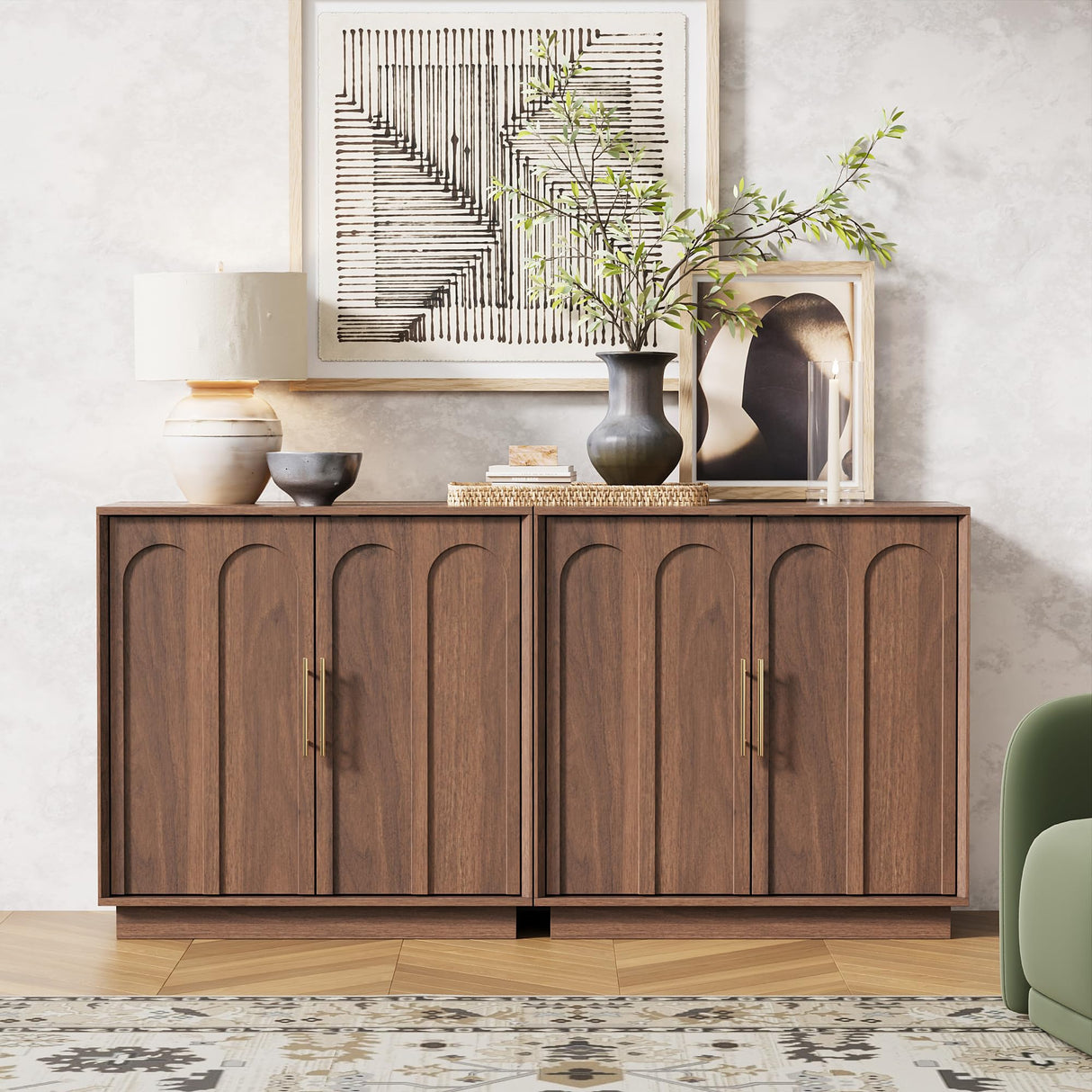FORTUNETEC Sideboard Buffet Cabinet with Storage, Mid Century Modern Accent Cabinet with Arched Doors, Modular Media Console, Minimalist Credenza for Living Room Kitchen Dining Room Entryway, Walnut FORTUNETEC