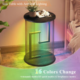 Side Table, Round End Table for Living Room, Bedroom, Black LED Nightstand with Twine Rope Design, Mid Century Modern Wood Accent Coffee Table, Antique Nightstand HUAHUU