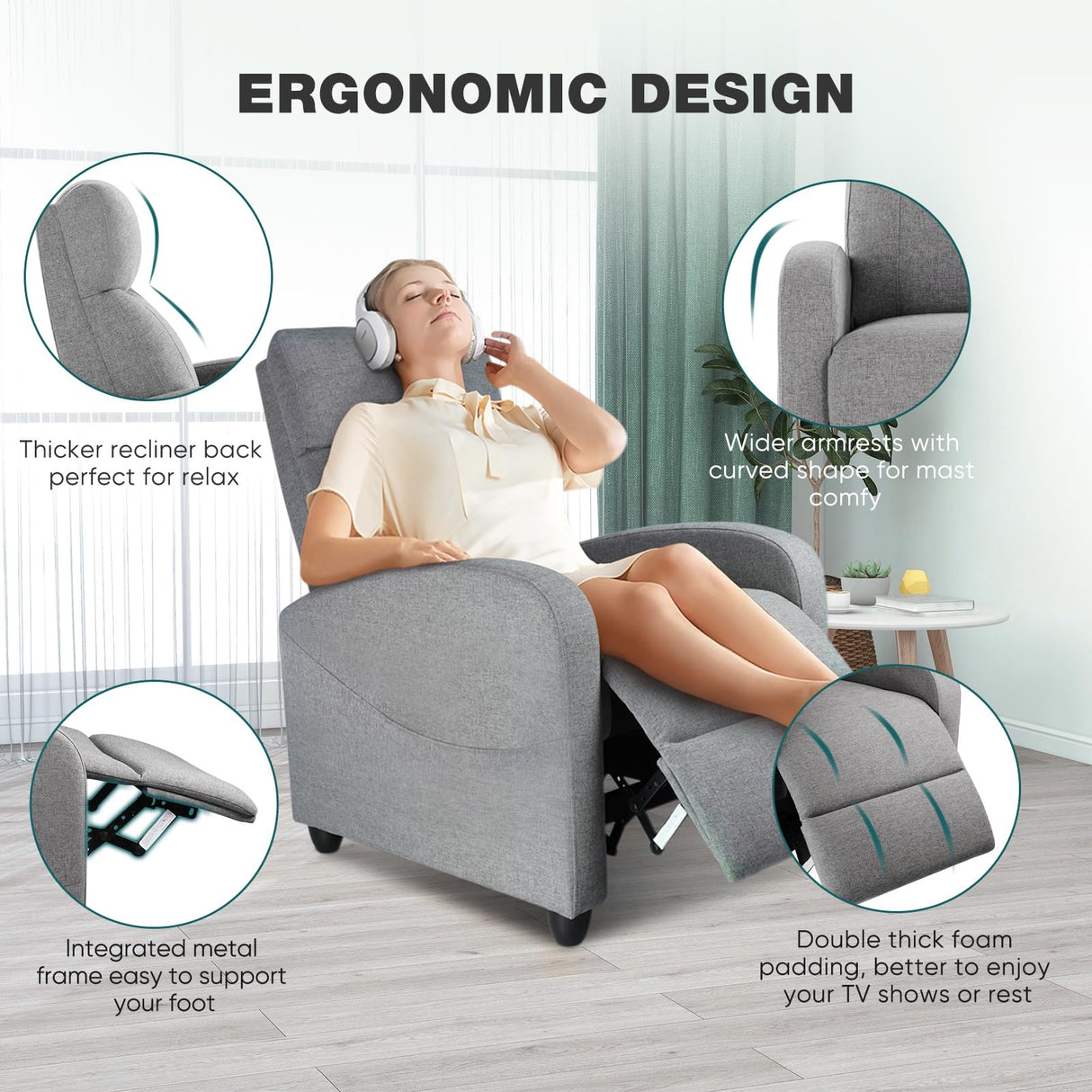 SMUG Recliner Chair Living Room Recliner with Adjustable Backrest and Footrest Modern Design for Home Upholstered Armchair in Soft Fabric, Grey, Linen SMUG