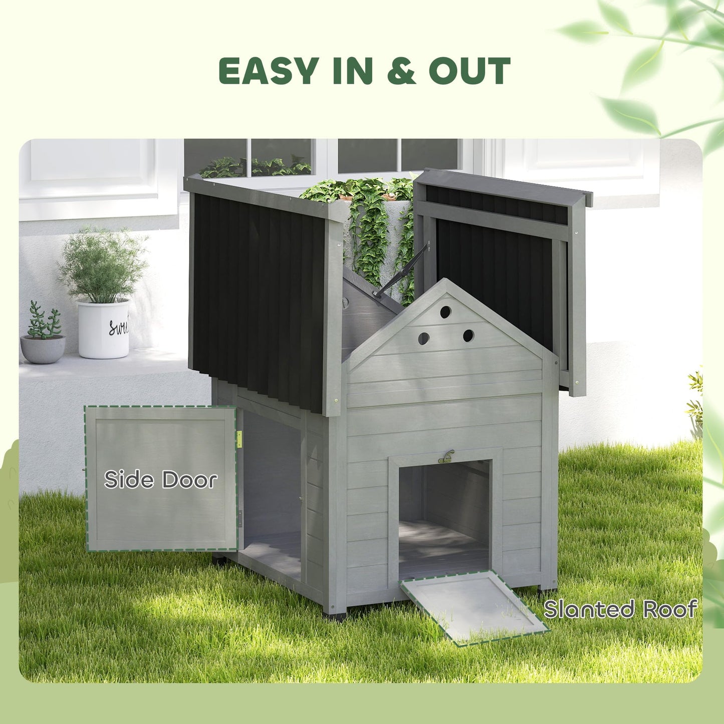 PawHut Duck Coop, Wooden Duck House, Outdoor Small Animal House with Openable Roof, Double Doors, Removable Base for 1-3 Ducks, Light Gray