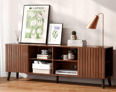 Lamtor Mid-Century Modern TV-Stand - Fluted TV Stand for 80 75 65Inch TV, Entertainment Center with Storage, Media Console with Adjustable Shelves for Living Room, Walnut Lamtor