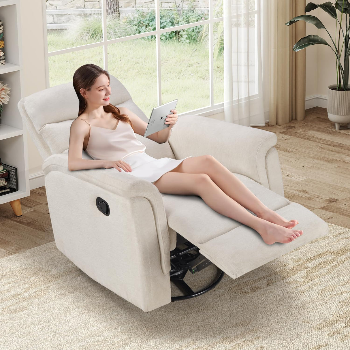 INZOY Swivel Rocker Recliner, Nursery Glider Chair, Manual Chairs Swivel Glider Recliners with Soft Backrest, Fabric Manual Reclining Sofa for Living Room Bedroom Apartment, Beige INZOY