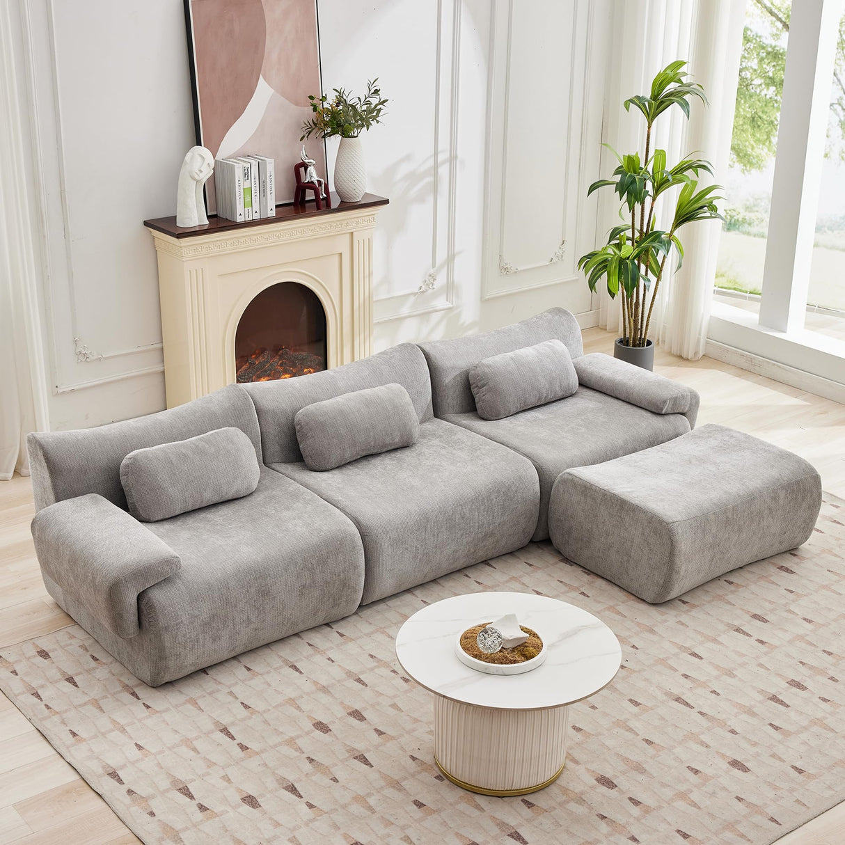 MAXMXX 117”L Shaped Modern Sofa Modular Sectional Cloud Couch with Ottoman,Oversized Boneless Sofa,3+1 Seater Chenille Deep-Seat Sofa with 3 Pillows,Suitable for Living Room or Bedroom (Grey) MAXMXX