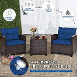 COSTWAY 3PCS Patio Furniture Set, PE Rattan Wicker Sofa w/Washable Cushion and Coffee Table, Tempered Glass Tabletop, Outdoor Conversation Set for Balcony, Porch, Yard, Backyard, Lawn, Navy Blue COSTWAY