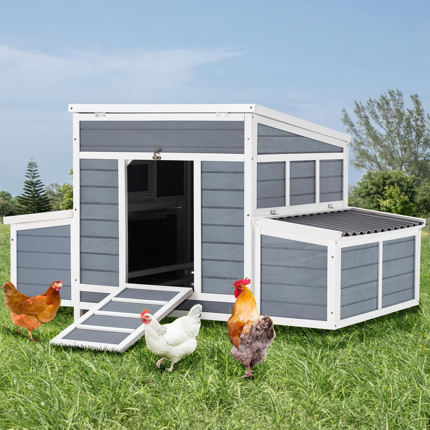 U-MAX Chicken Coop, 56" Large Wooden Chicken Hutch with 6 Nesting Boxes, Outdoor Hen House Chicken Cage