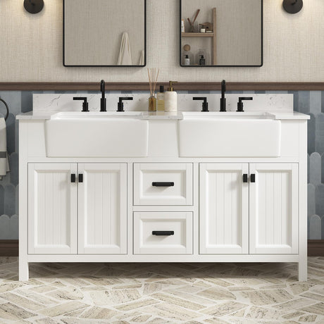 DELUXE LIVING 60 Inch Bathroom Vanity with Double Sink, Farmhouse Bathroom Vanity Cabinet with Soft Closing Doors & Dovetail Drawers, Vanity for Bathroom, Adjustable Feets, Apron Farm Sink, White DELUXE LIVING