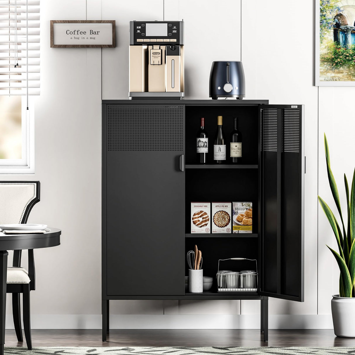 Ustamio Black Metal Storage Cabinet, Metal Locker Storage Cabinet with Doors and Shelves, 3 Tier Steel Office Storage Cabinet, Metal Sideboard for Home, Office, Kitchen and Coffee Bar Ustamio