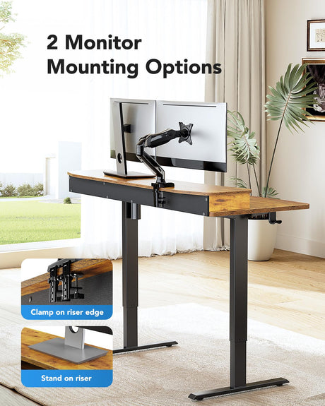 HUANUO 48″ x 24″ Electric Standing Desk with 2 Drawers, C-Clamp Mount Compatible, Height Adjustable Computer Desk, Home Office Stand Up Desk with 4 Preset Heights & 2 Hooks, Vintage Brown HUANUO
