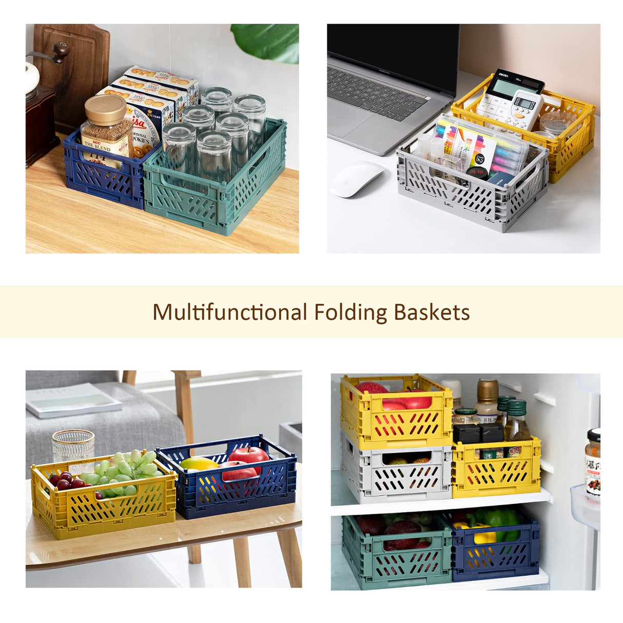 Domiella 2-Pack Crates for Storage, Storage Crates Plastic Stackable, Foldable Crate for Office Home Kitchen Bedroom Bathroom (Large, Golden Yellow) Domiella