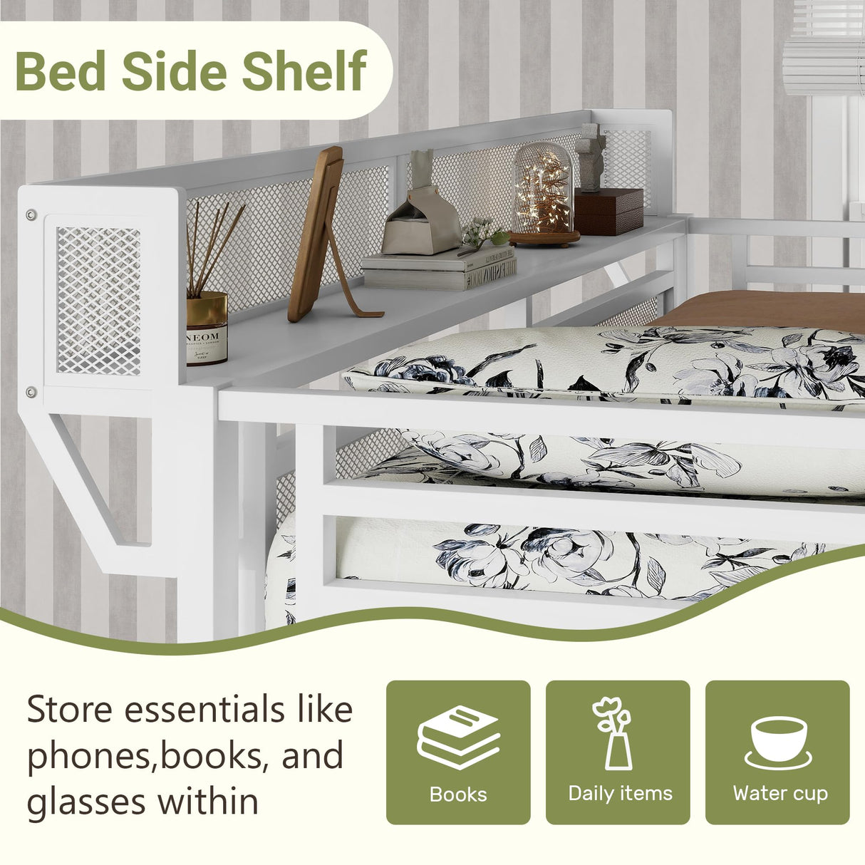 Mirightone Queen Size Loft Bed with Stairs and Storage, Metal Loft Bed Frame with Bedside Shelf and Large Under-Bed Space, Heavy-Duty Loft Beds for Adults Teens and Kids, White Mirightone