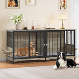 YITAHOME 71" Double Dog Crate Furniture with Divider, Wooden Large Dog Kennel with Flip-Top&4 Rotatable Bowls&2 Cushions, Dog Crate Furniture TV Stand for Medium Large Dogs, Grey YITAHOME